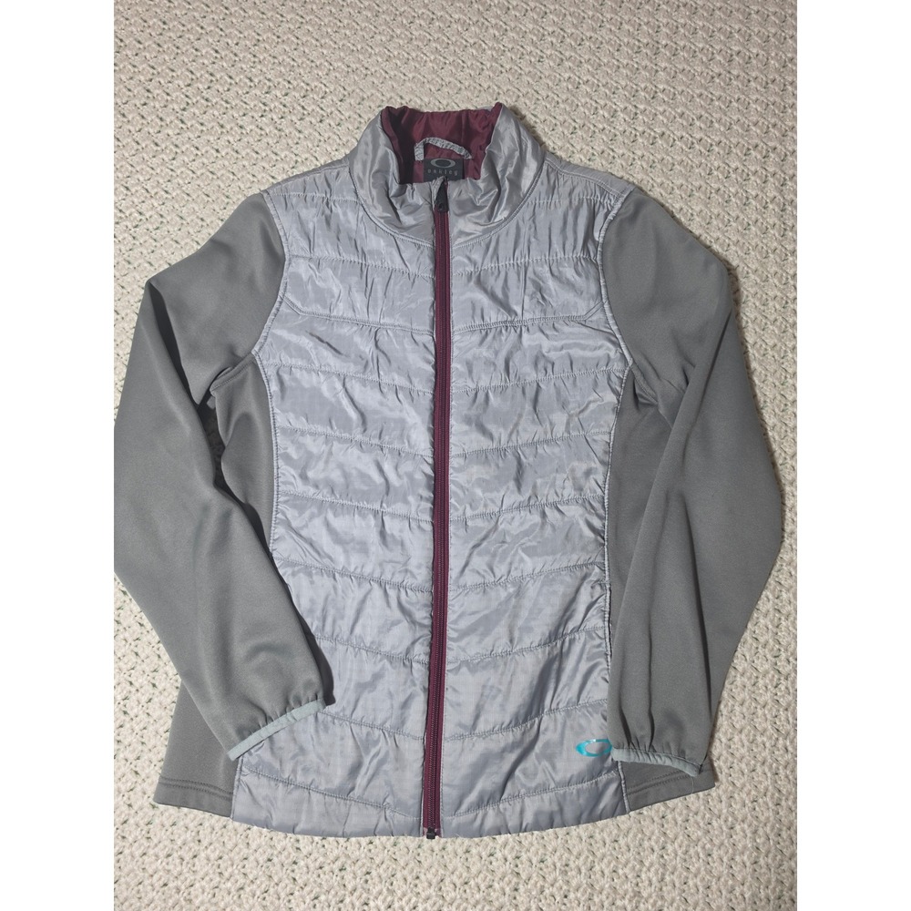 Oakley Hybrid Puffer Jacket Womens Medium Grey Burgundy Excellent Quilted Zip